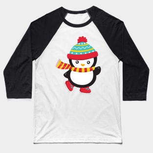 Christmas Penguin, Ice Skating Penguin, Hat, Scarf Baseball T-Shirt